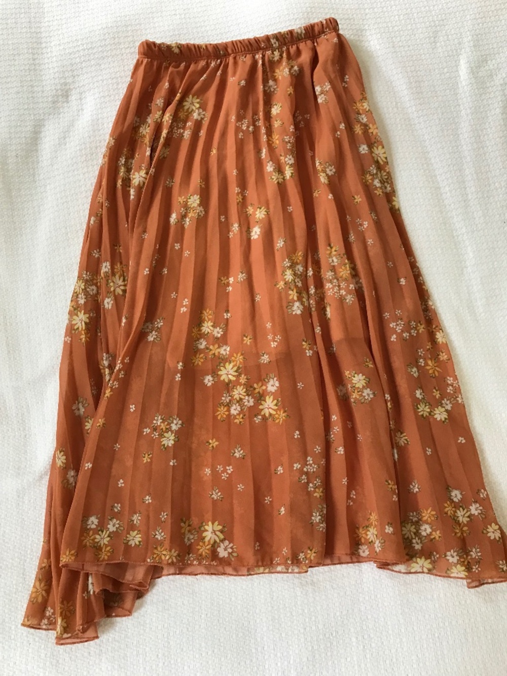 Vtg Orange/Coral Floral Peasant Pleated Sheer Midi Fairy Skirt Small See Monday